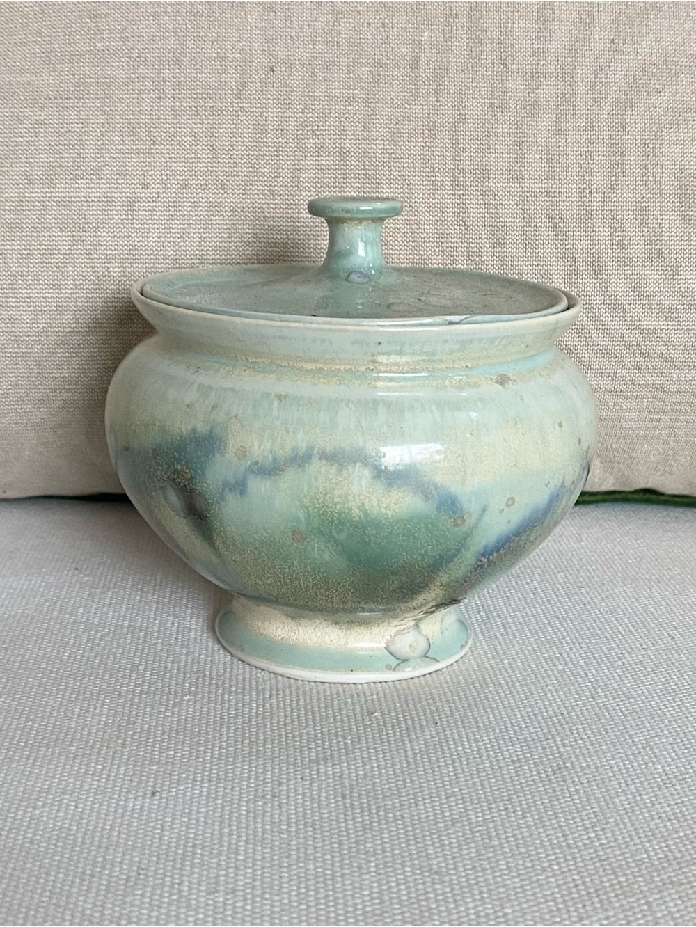 Vintage Studio Pottery Lidded Jar Dish Sage Vlue Aqua Green Drip Glaze